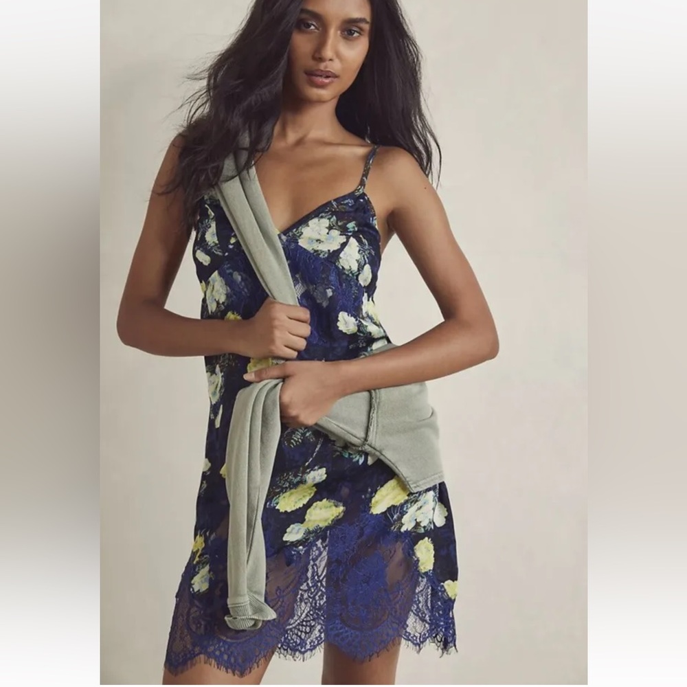 Free people Sun Fade Floral Blue and Yellow Lace Slip Mini Dress